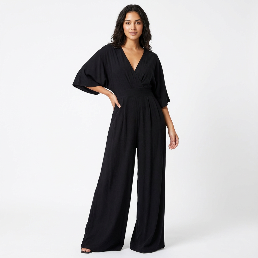 Women's V Neck Half Sleeve Wide Leg Elegant Jumpsuit — close-up