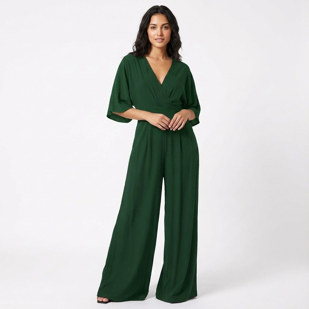 Women's V Neck Half Sleeve Wide Leg Elegant Jumpsuit — detail view