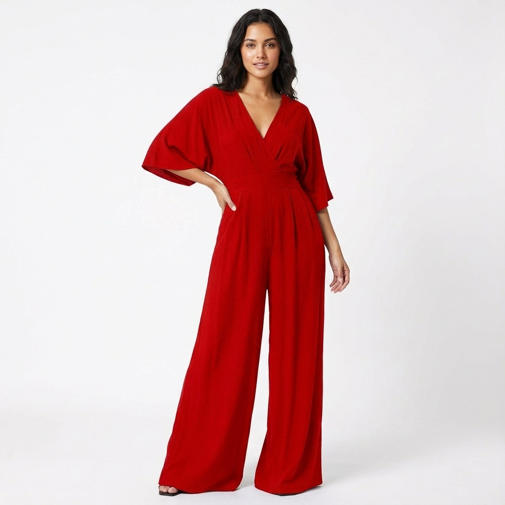 Women's V Neck Half Sleeve Wide Leg Elegant Jumpsuit — model wearing