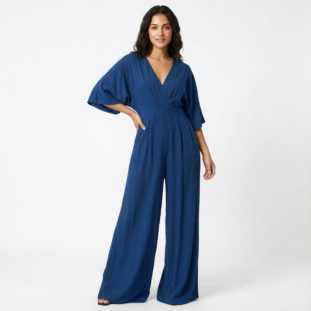 Women's V Neck Half Sleeve Wide Leg Elegant Jumpsuit — side view