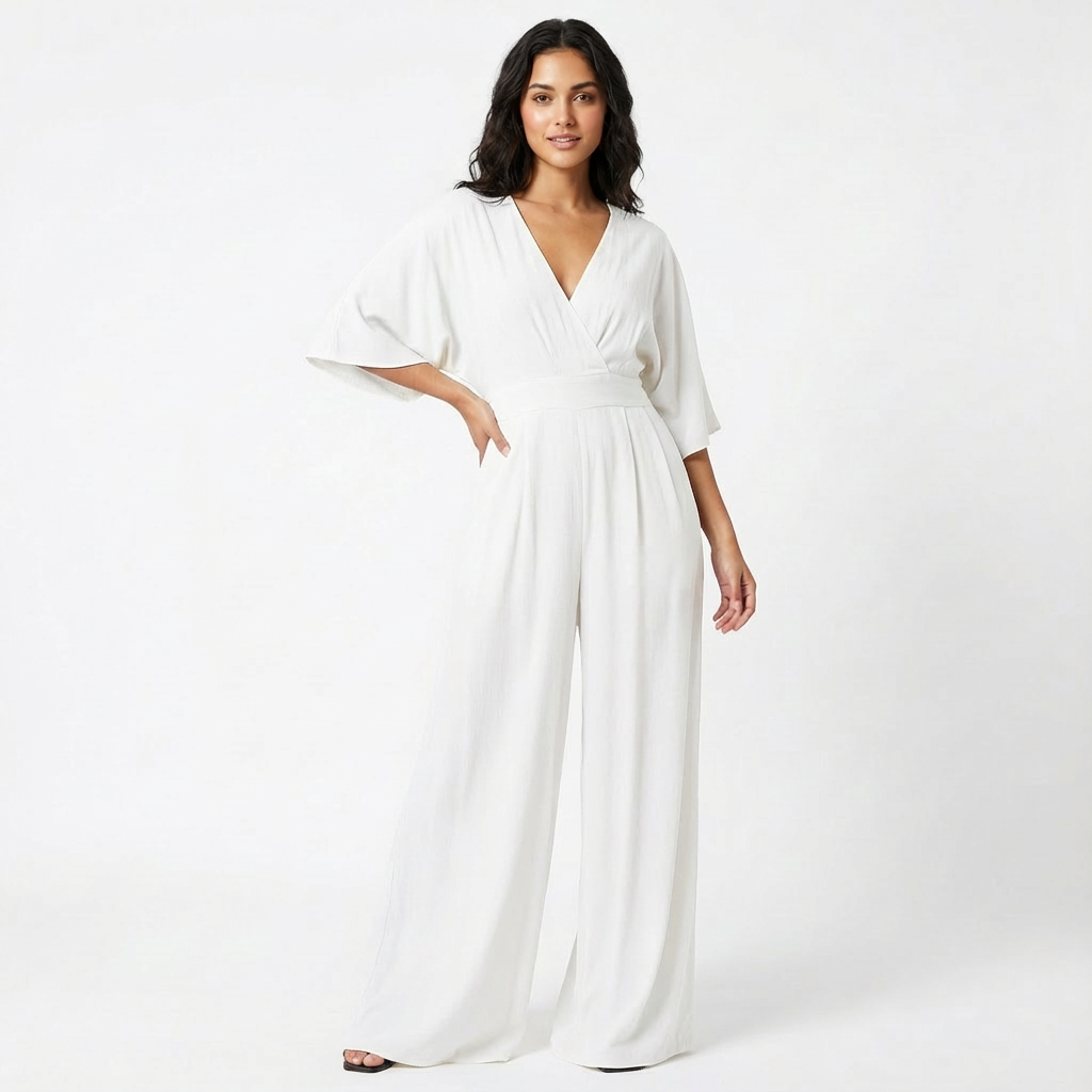 Women's V Neck Half Sleeve Wide Leg Elegant Jumpsuit