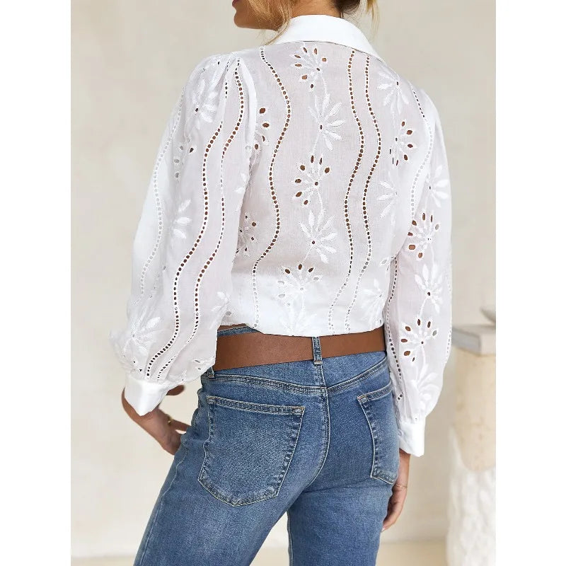 Women's White Blouse – Chic Puff Sleeve Top for Effortless Summer Style — back view