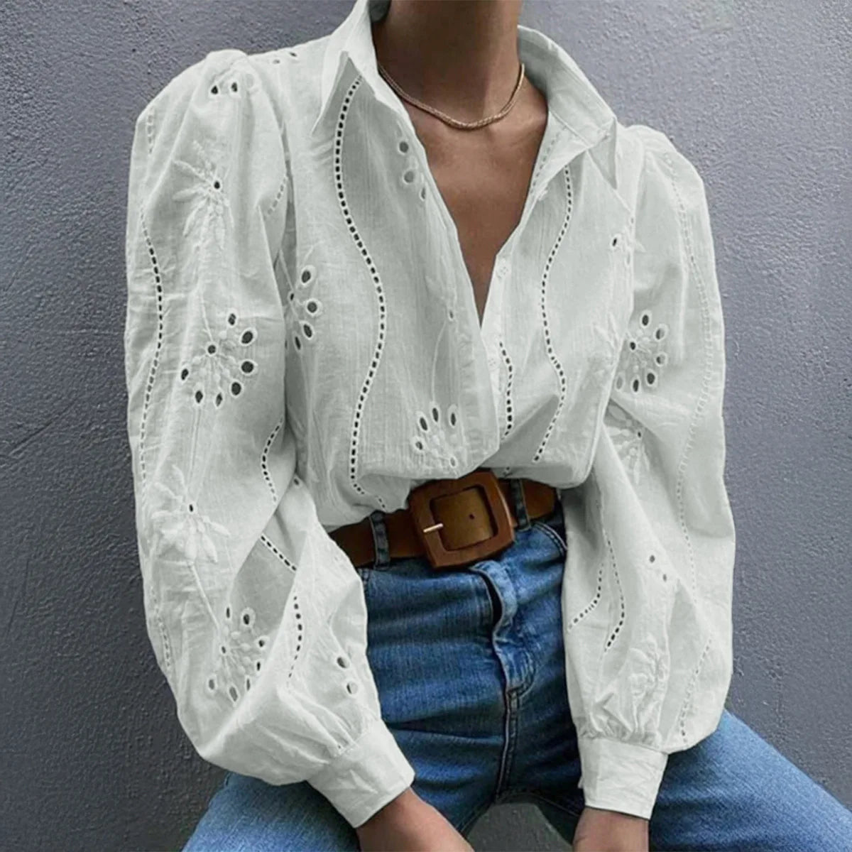 Women's White Blouse – Chic Puff Sleeve Top for Effortless Summer Style — close-up