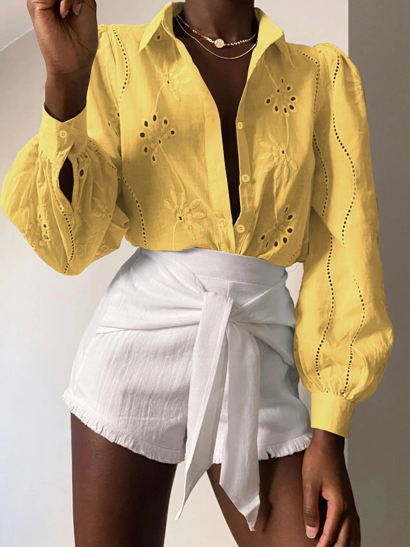 Women's White Blouse – Chic Puff Sleeve Top for Effortless Summer Style — fabric detail