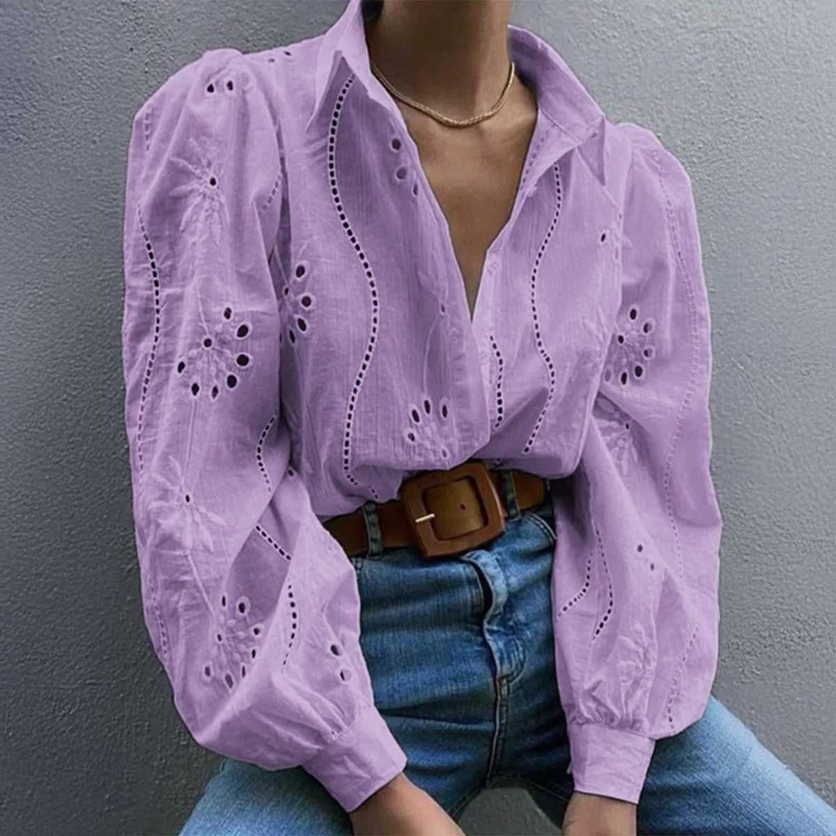 Women's White Blouse – Chic Puff Sleeve Top for Effortless Summer Style — front close-up