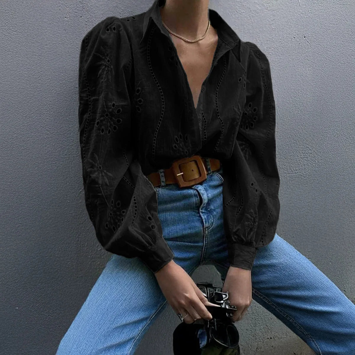 Women's White Blouse – Chic Puff Sleeve Top for Effortless Summer Style — model wearing