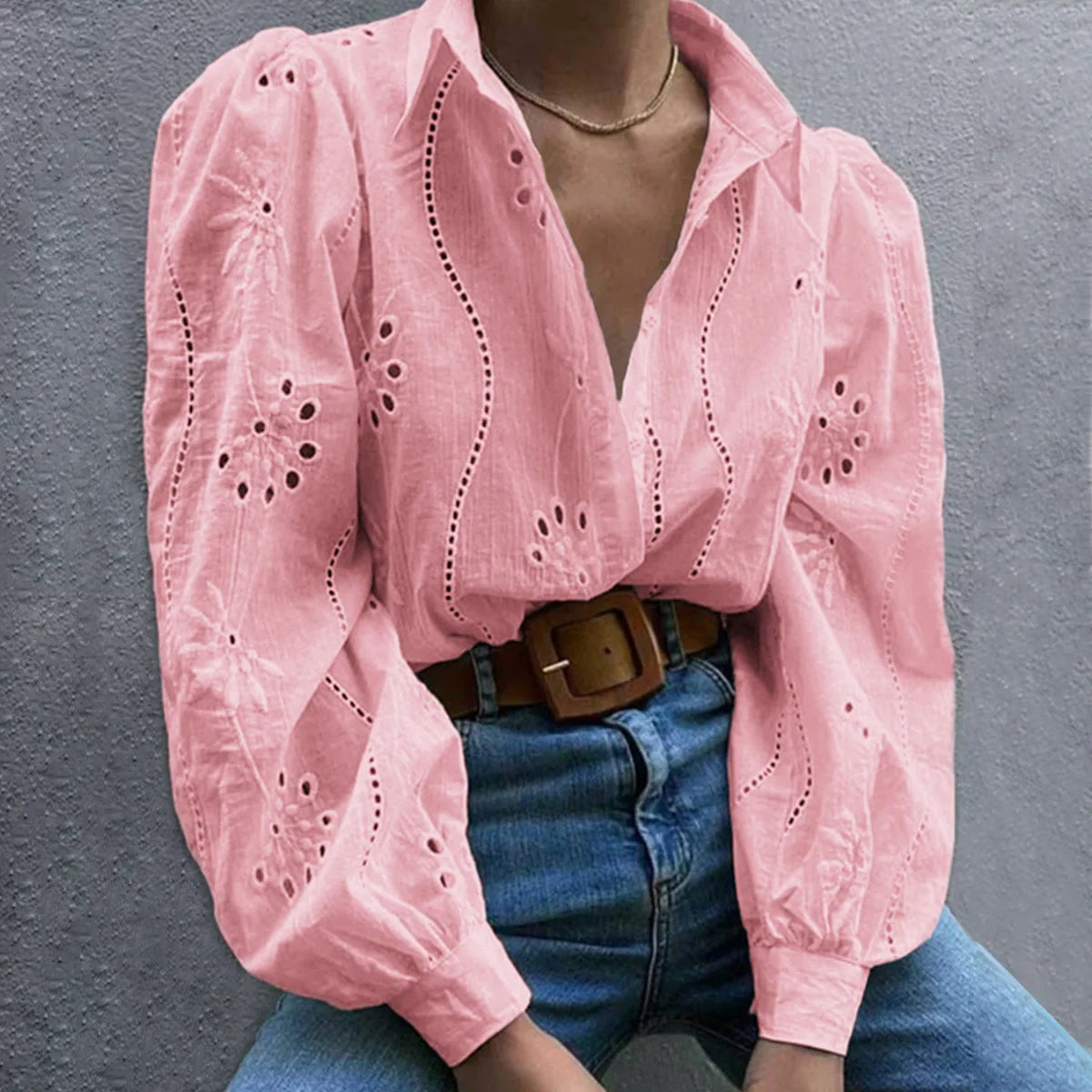 Women's White Blouse – Chic Puff Sleeve Top for Effortless Summer Style — styling detail