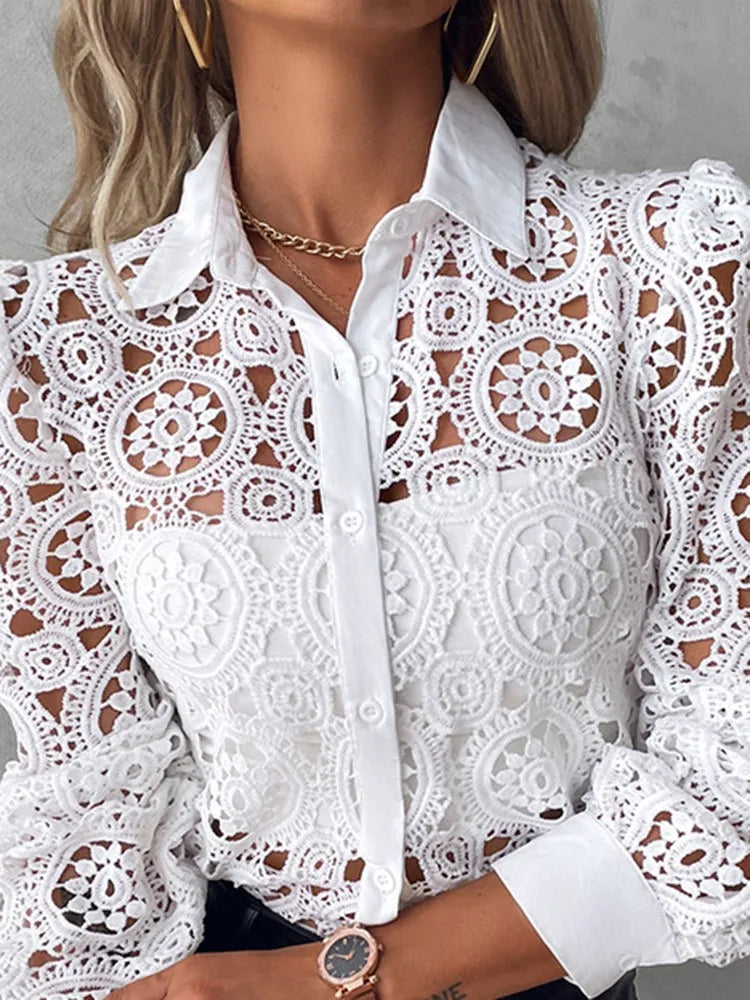 Women's White Blouse – Intricate Lace Design for Elegant Office Style — close-up