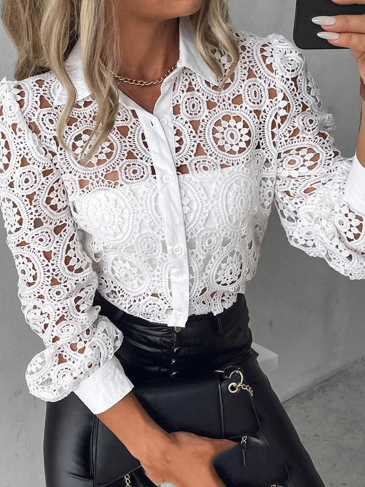 Women's White Blouse – Intricate Lace Design for Elegant Office Style — detail view