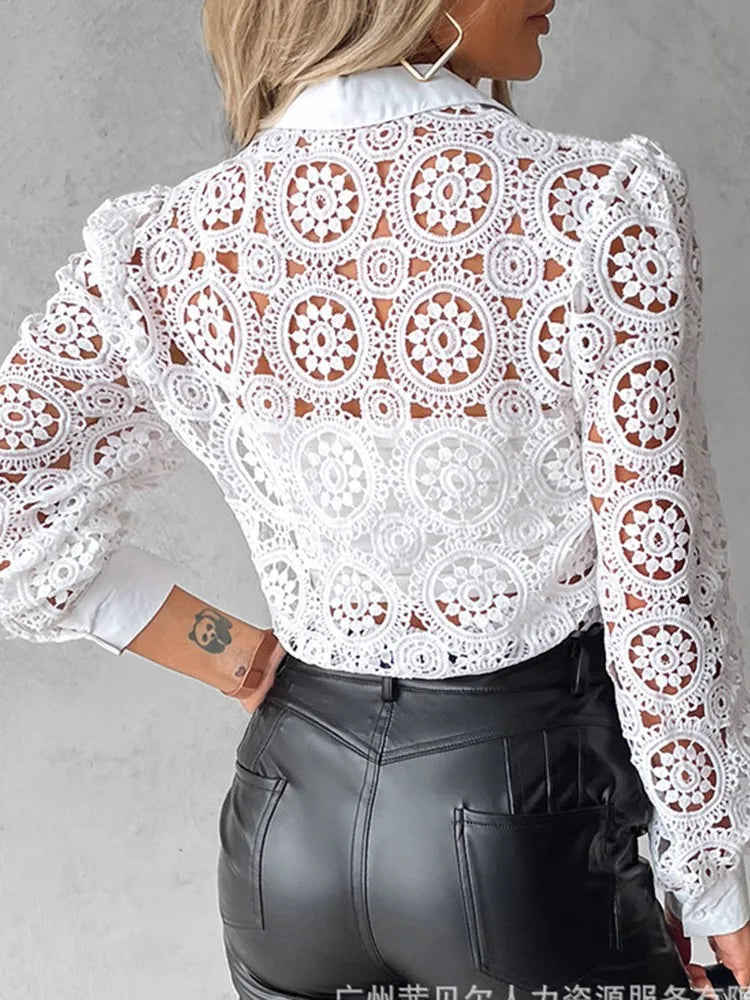 Women's White Blouse – Intricate Lace Design for Elegant Office Style — model wearing