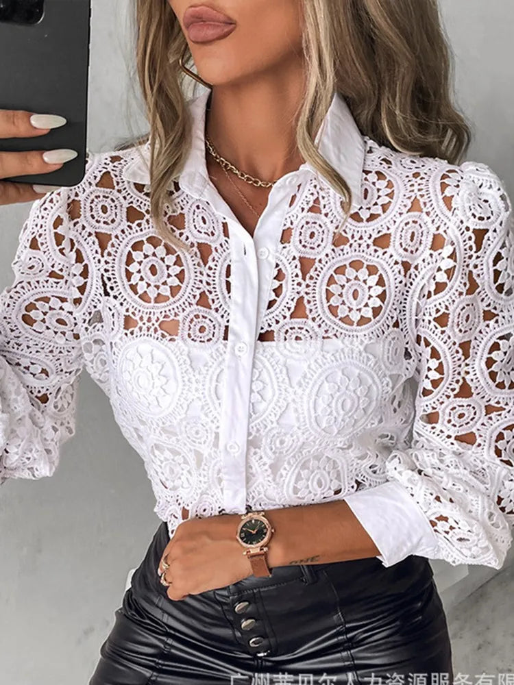 Women's White Blouse – Intricate Lace Design for Elegant Office Style — side view