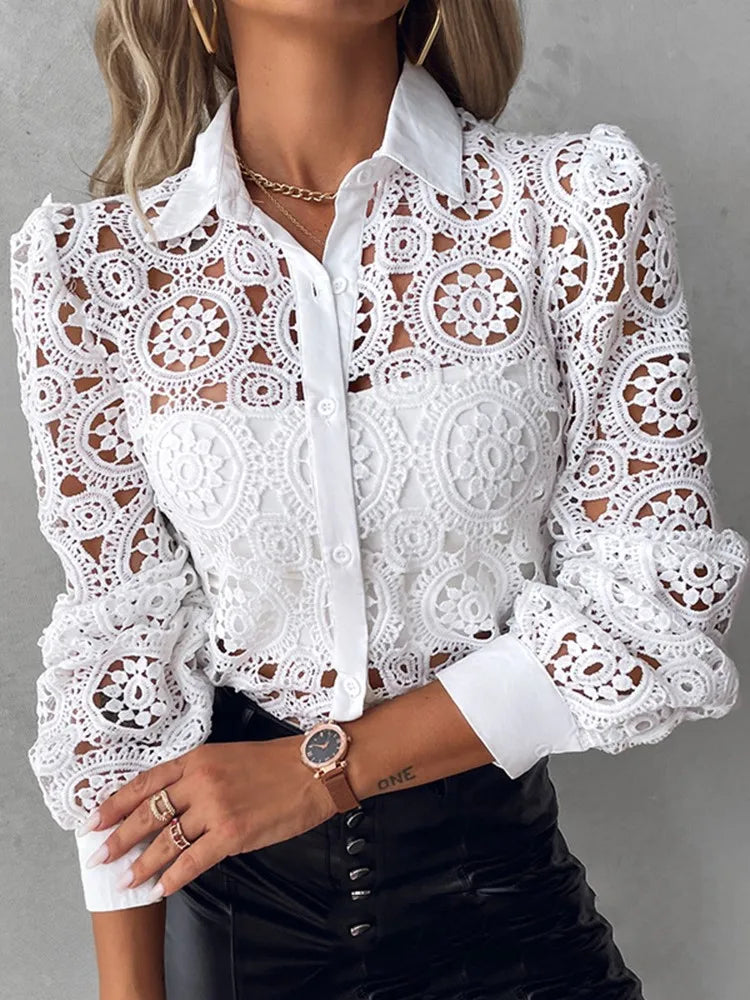Women's White Blouse – Intricate Lace Design for Elegant Office Style
