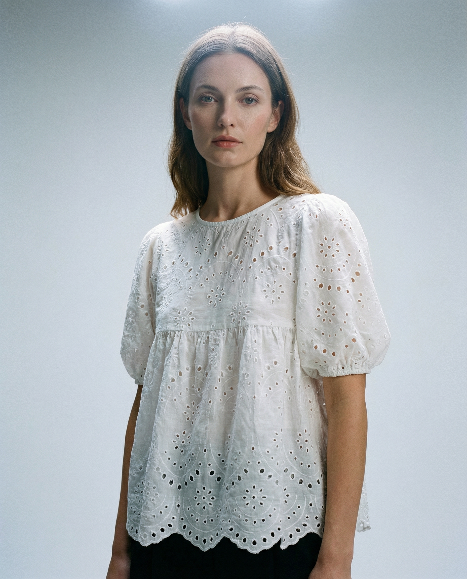 Women's White Blouse – Romantic Broderie Puff Sleeve Top for Effortless Everyday Style — back view