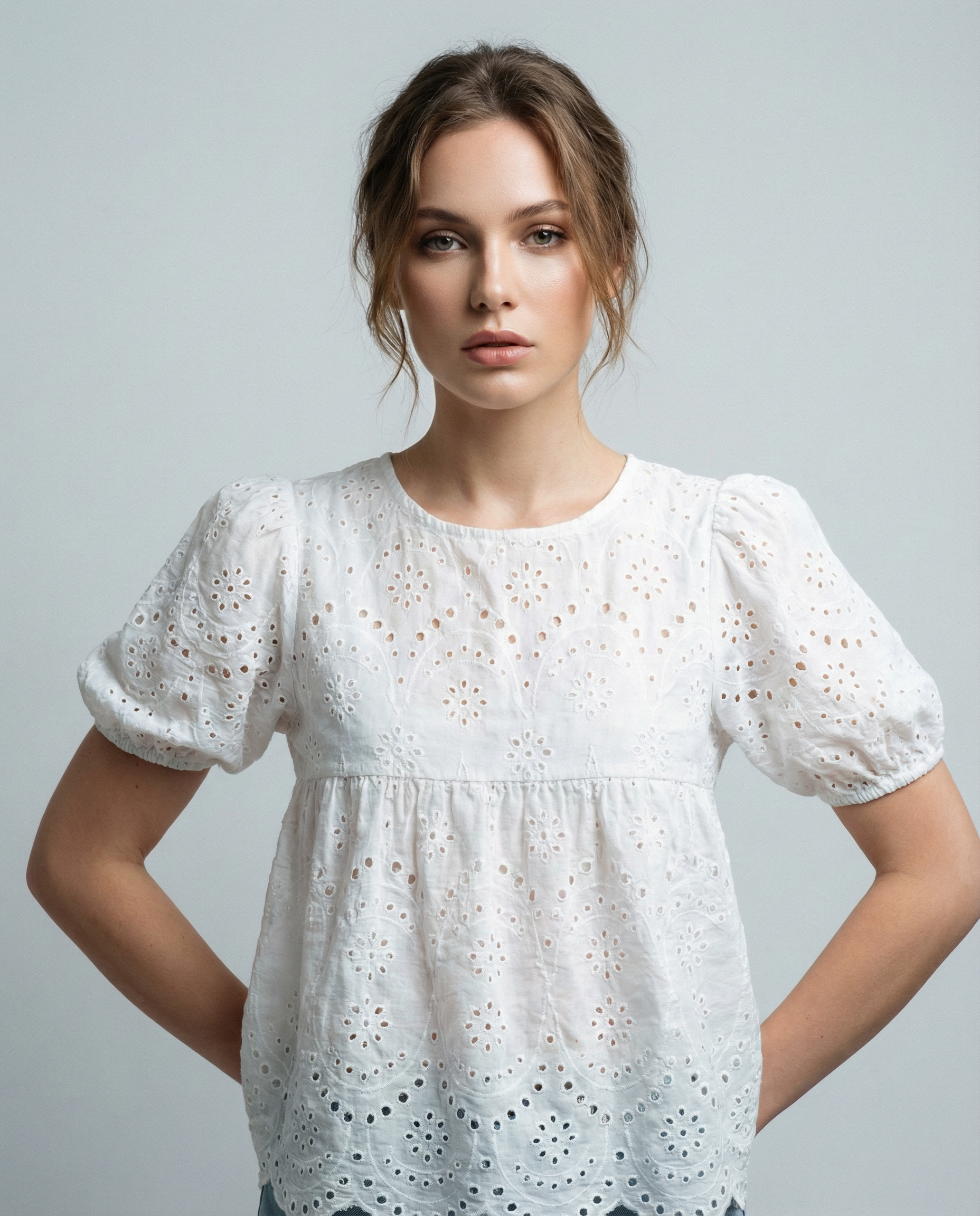 Women's White Blouse – Romantic Broderie Puff Sleeve Top for Effortless Everyday Style — detail view