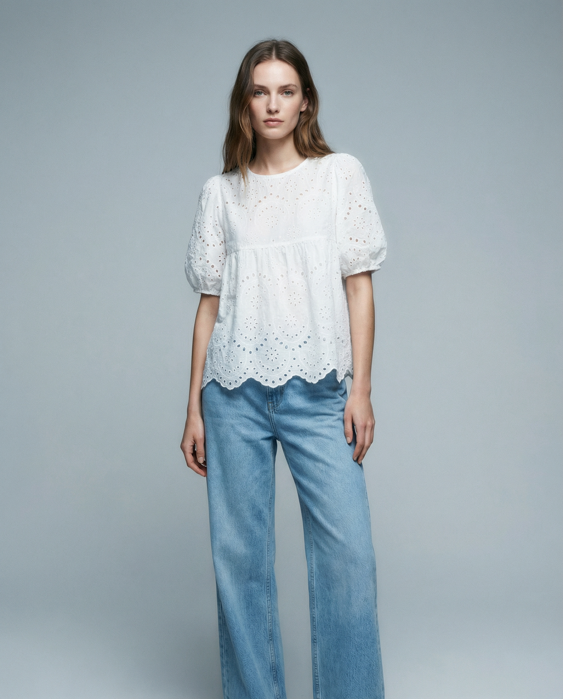 Women's White Blouse – Romantic Broderie Puff Sleeve Top for Effortless Everyday Style — side view