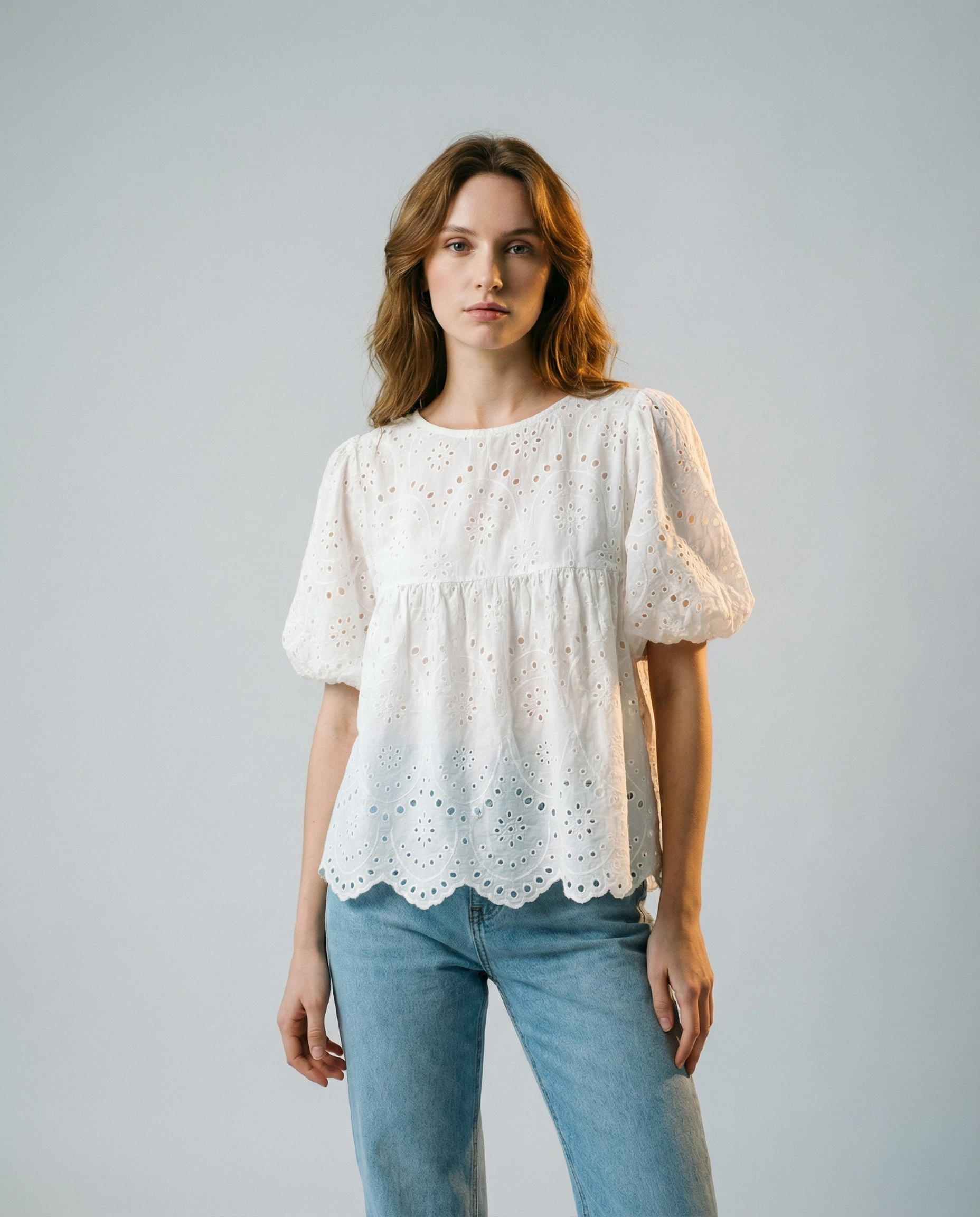 Women's White Blouse – Romantic Broderie Puff Sleeve Top for Effortless Everyday Style