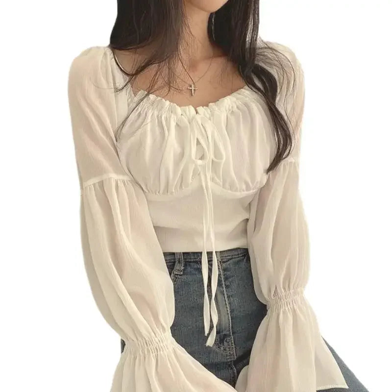 Women's White Blouse – Romantic Ruched Long Sleeve Summer Top — back view