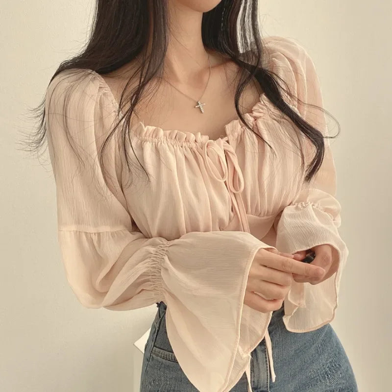 Women's White Blouse – Romantic Ruched Long Sleeve Summer Top — detail view