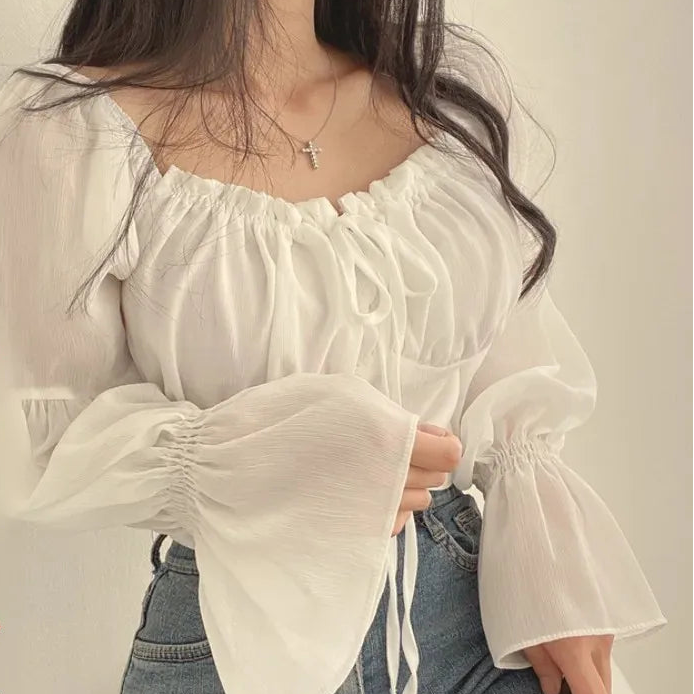 Women's White Blouse – Romantic Ruched Long Sleeve Summer Top — model wearing