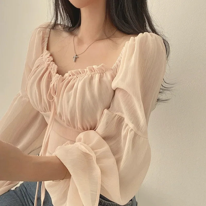 Women's White Blouse – Romantic Ruched Long Sleeve Summer Top — side view