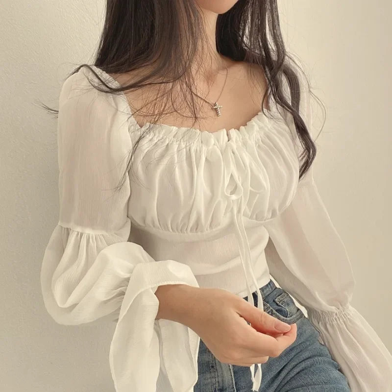 Women's White Blouse – Romantic Ruched Long Sleeve Summer Top