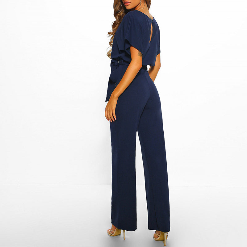 Women's Wide Leg Belted Jumpsuit with Keyhole Back