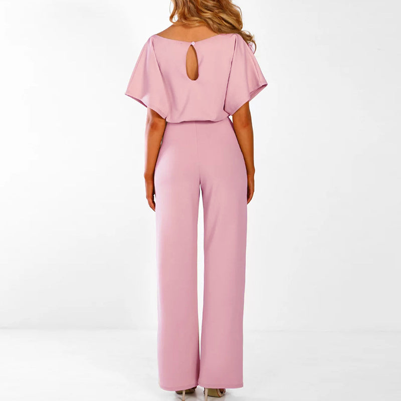 Women's Wide Leg Belted Jumpsuit with Keyhole Back