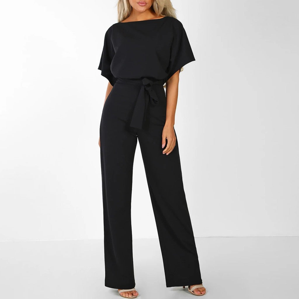 Women's Wide Leg Belted Jumpsuit with Keyhole Back