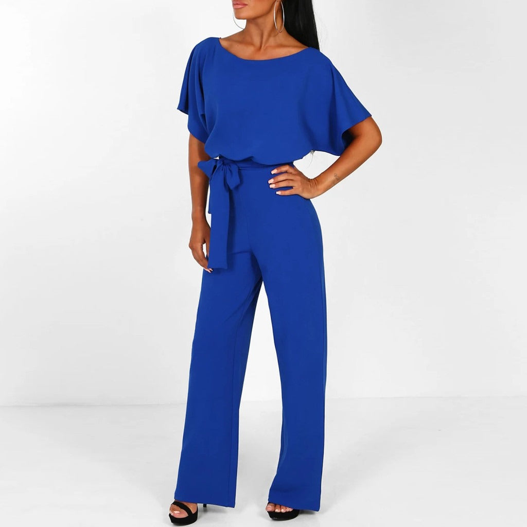 Women's Wide Leg Belted Jumpsuit with Keyhole Back