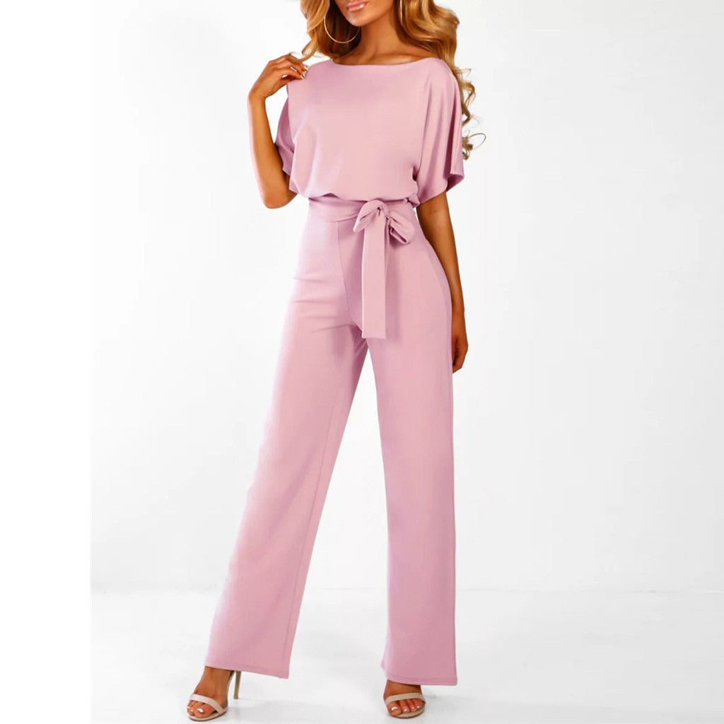 Women's Wide Leg Belted Jumpsuit with Keyhole Back