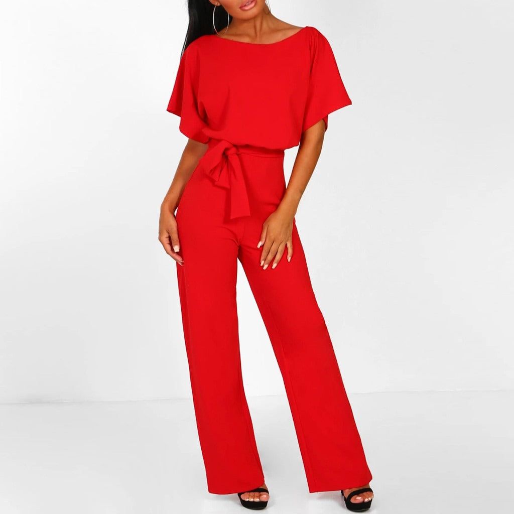 Women's Wide Leg Belted Jumpsuit with Keyhole Back