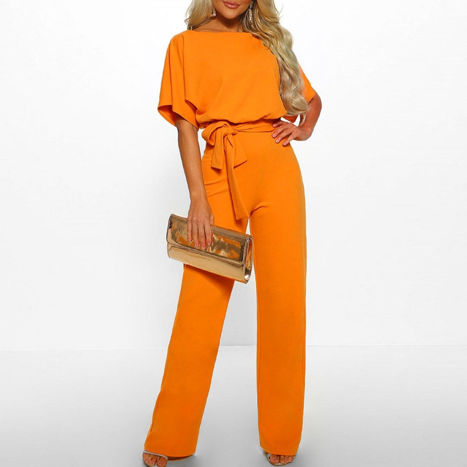 Women's Wide Leg Belted Jumpsuit with Keyhole Back