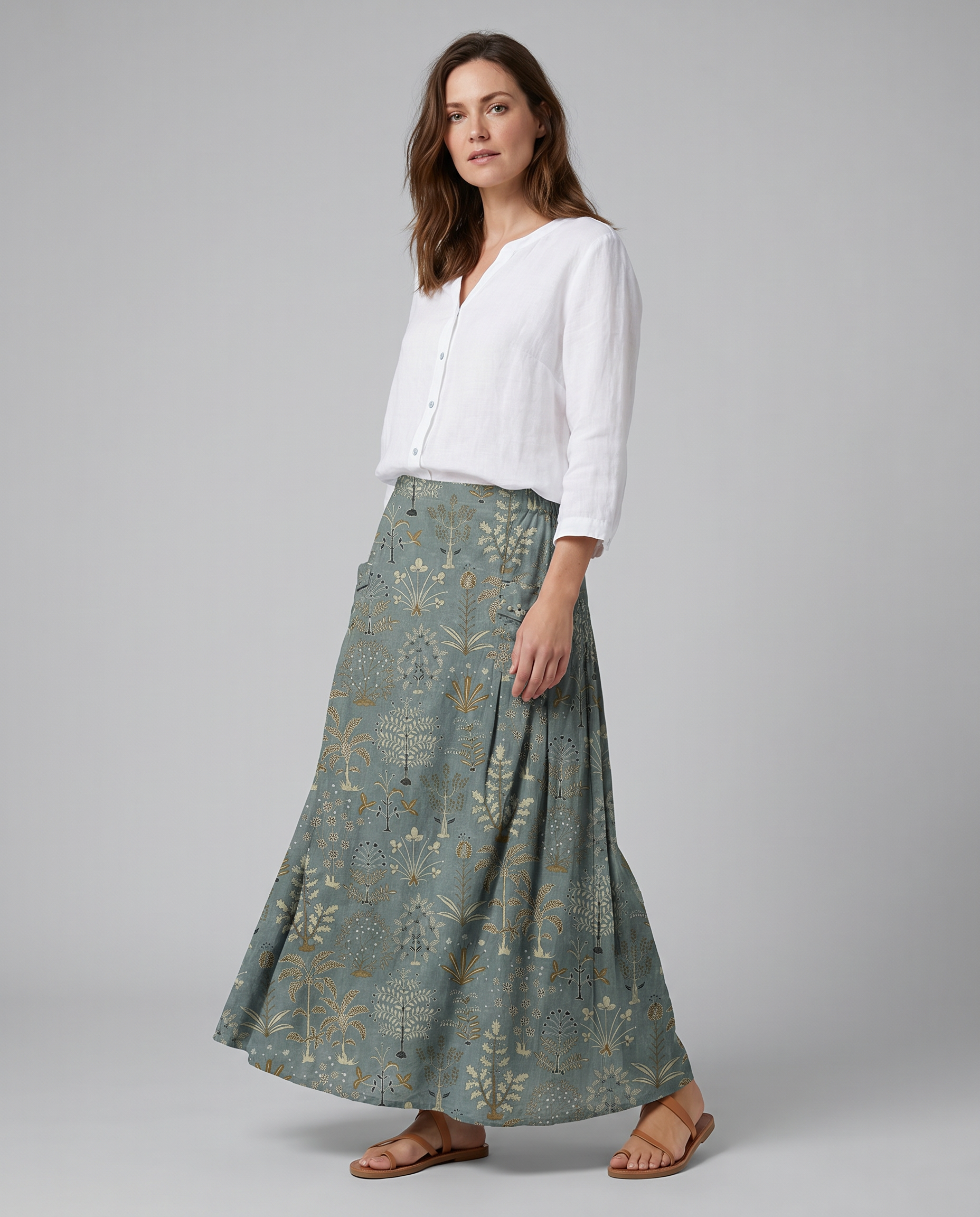 Woodland Vegetation Print Dark Green Pocket Skirt — detail view