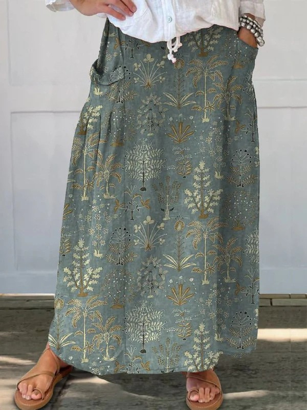 Woodland Vegetation Print Dark Green Pocket Skirt — model wearing