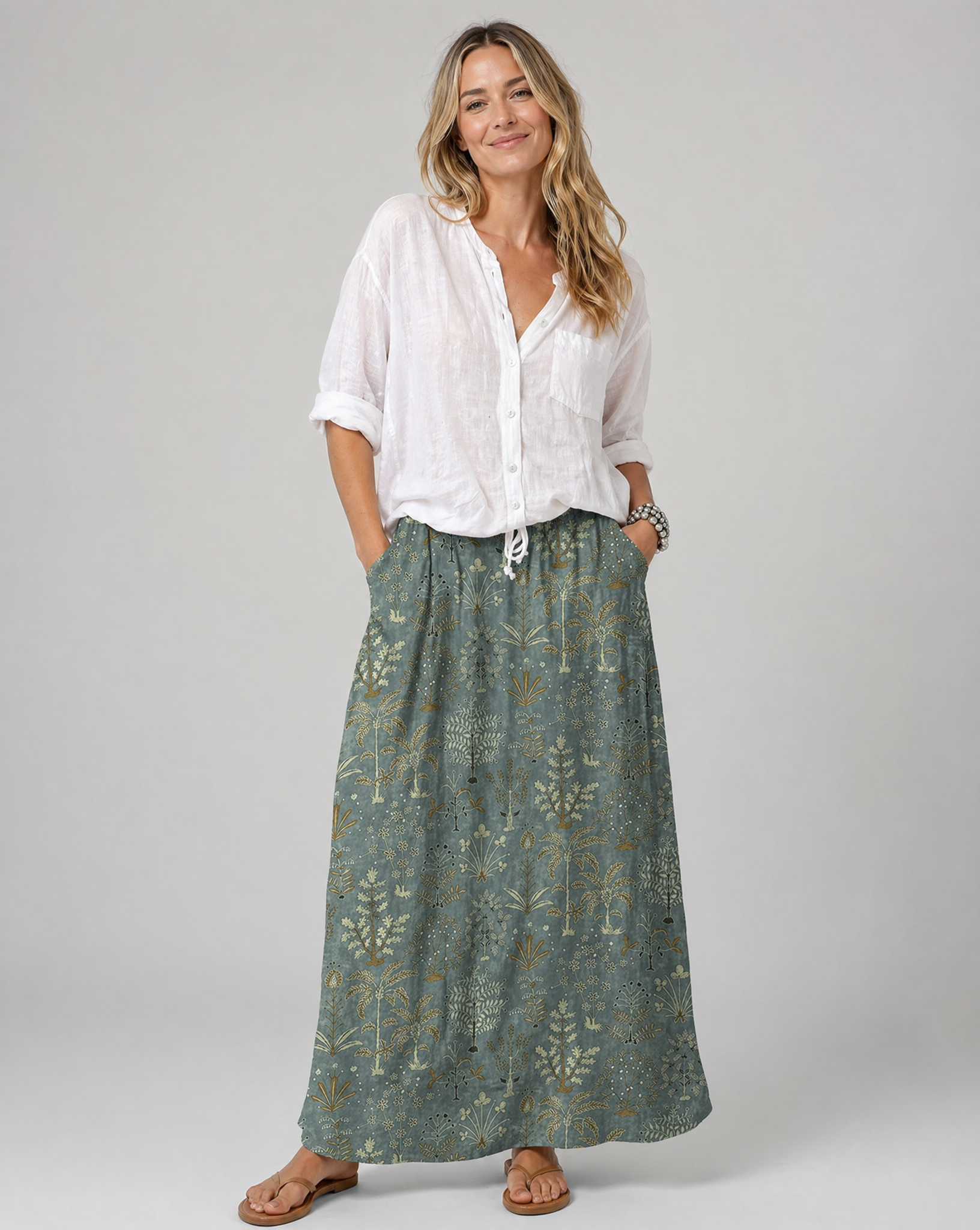 Woodland Vegetation Print Dark Green Pocket Skirt