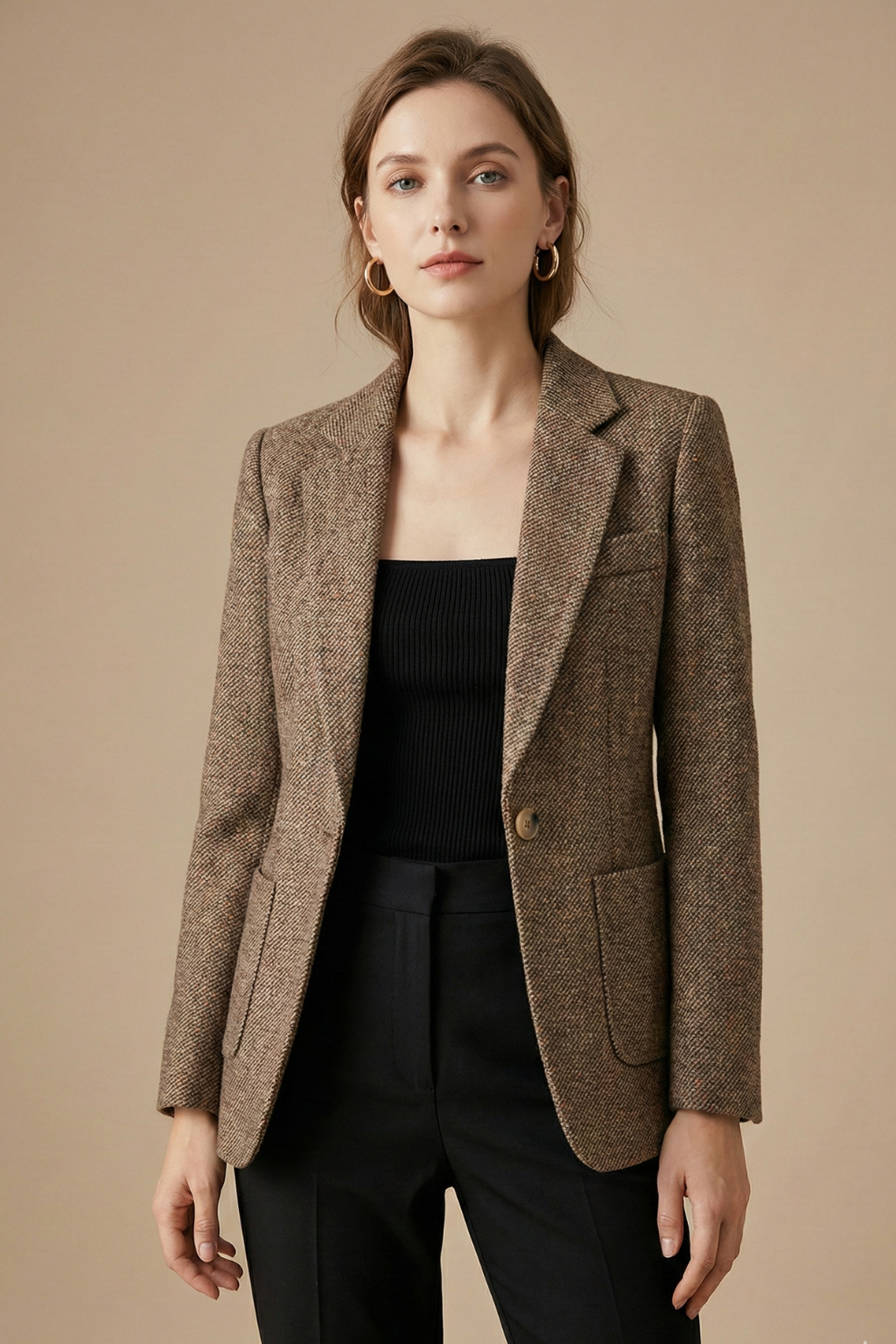 Wool Notch-Lapel Single-Button Blazer Jacket with Front Pockets — back view