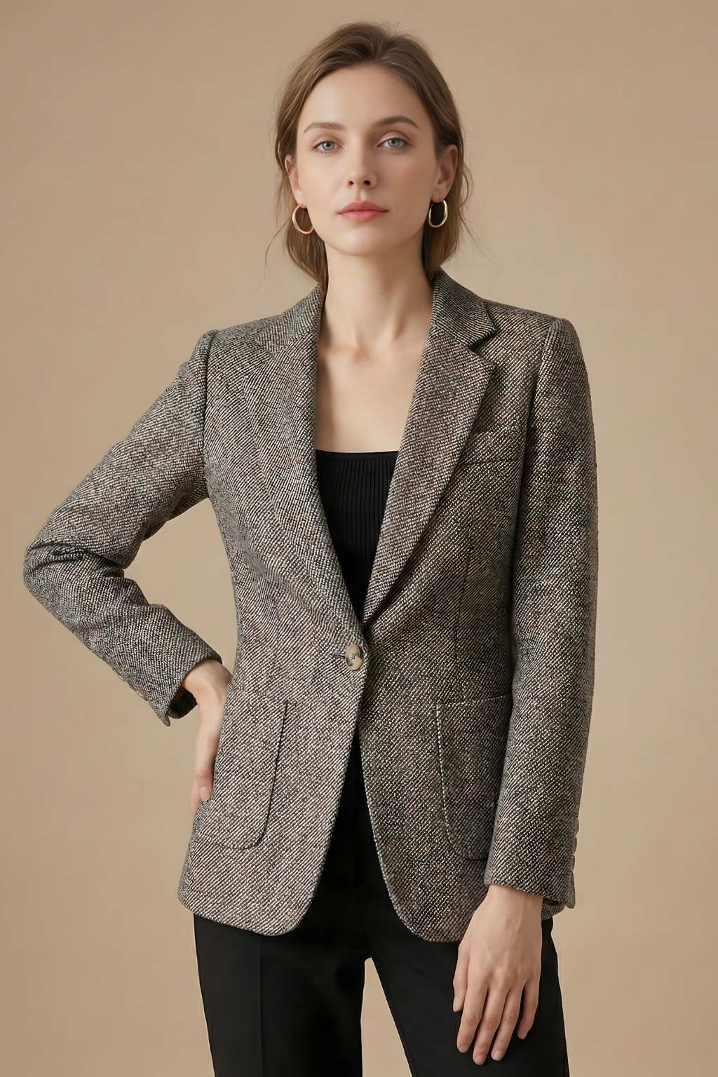 Wool Notch-Lapel Single-Button Blazer Jacket with Front Pockets — close-up