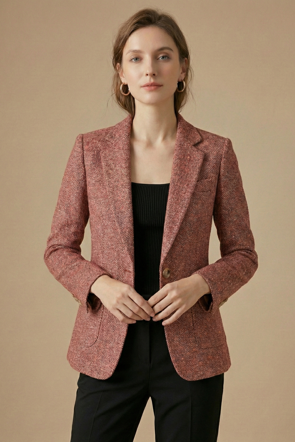 Wool Notch-Lapel Single-Button Blazer Jacket with Front Pockets — detail view