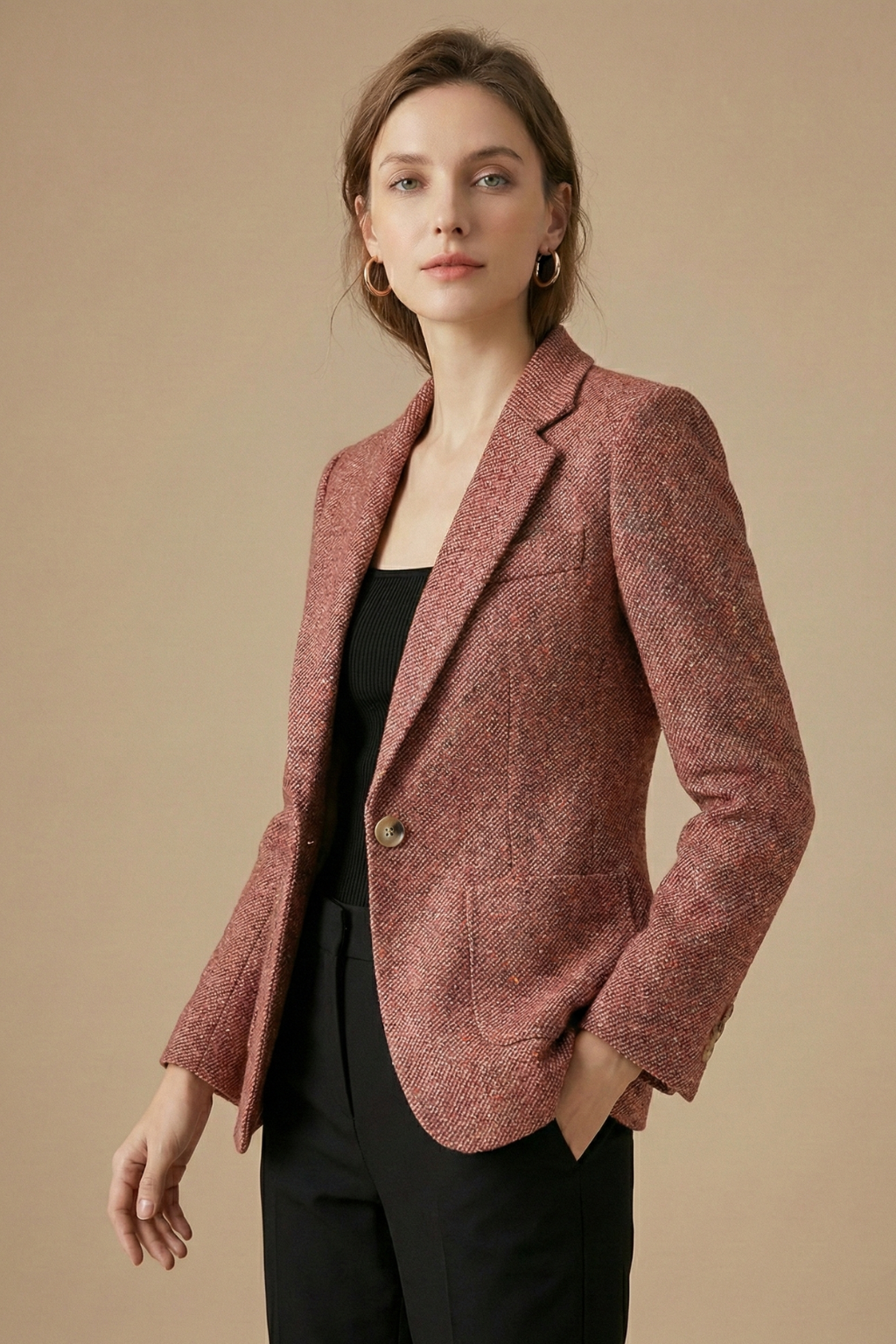 Wool Notch-Lapel Single-Button Blazer Jacket with Front Pockets — model wearing