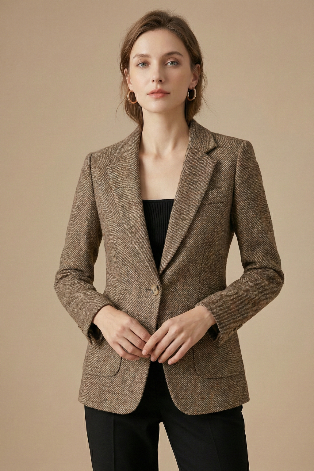 Wool Notch-Lapel Single-Button Blazer Jacket with Front Pockets