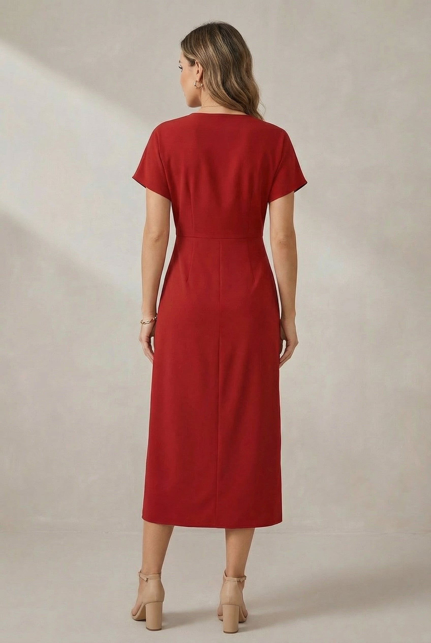 Wrap V-Neck Short Sleeve Midi Dress with Front Slit — back view