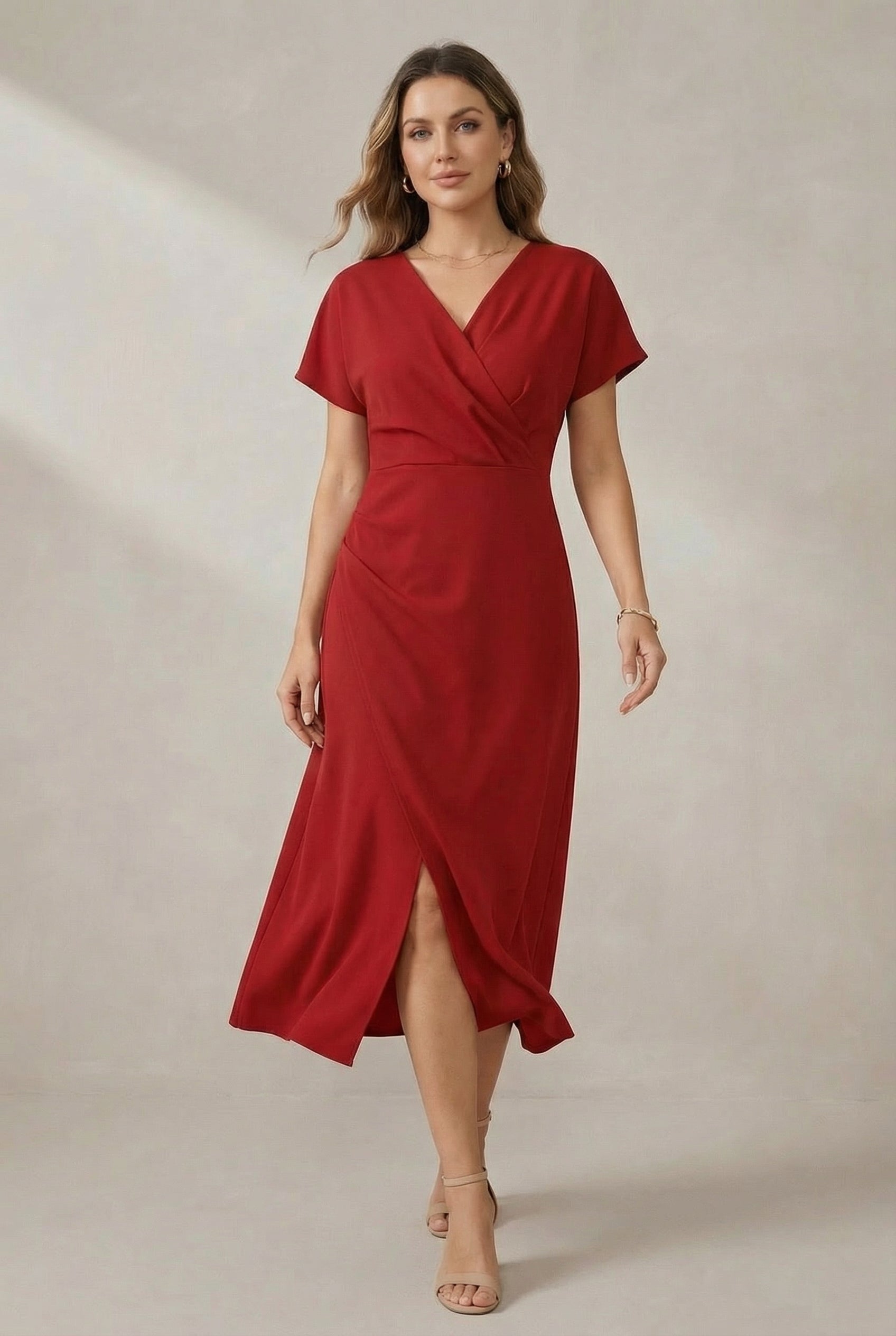 Wrap V-Neck Short Sleeve Midi Dress with Front Slit — detail view
