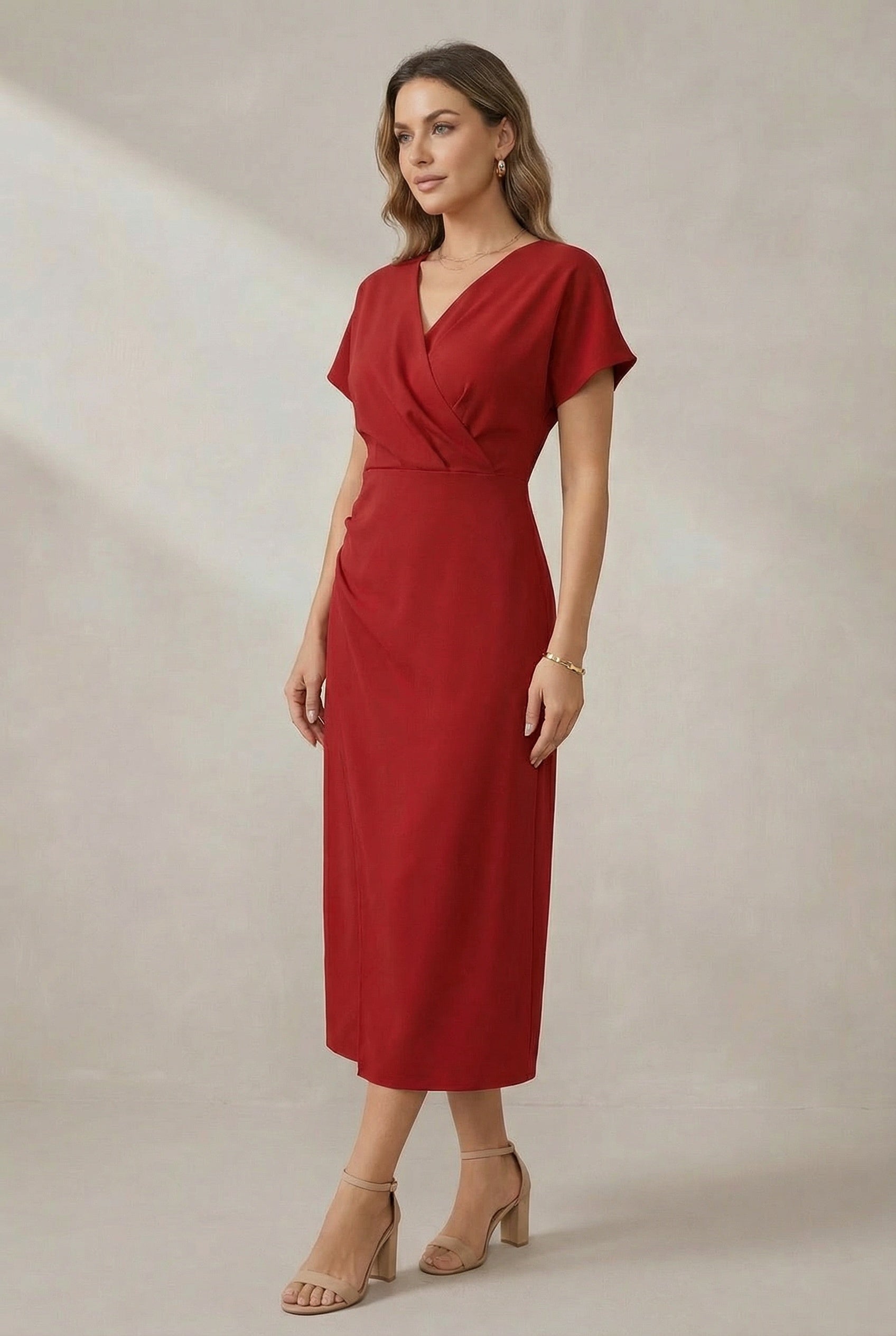 Wrap V-Neck Short Sleeve Midi Dress with Front Slit — model wearing