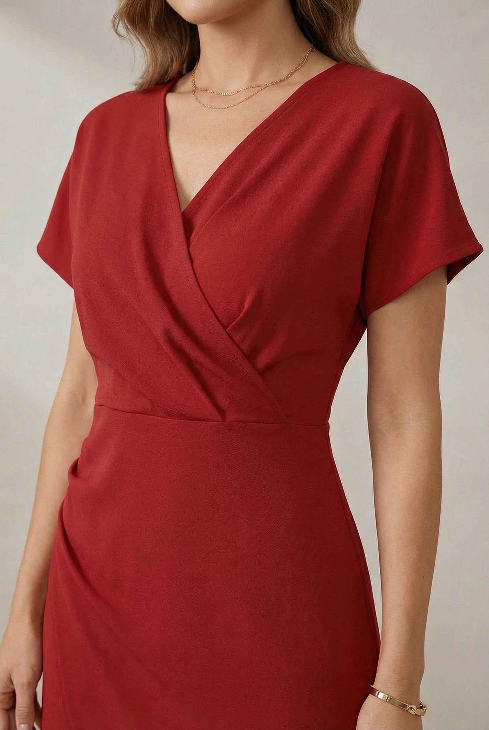 Wrap V-Neck Short Sleeve Midi Dress with Front Slit — side view