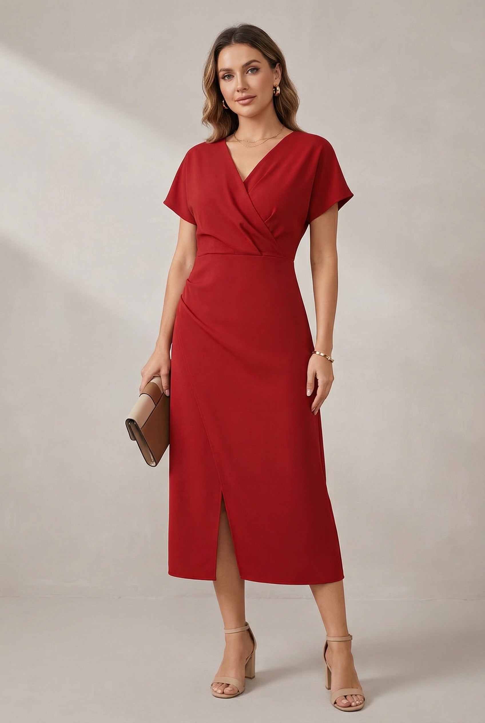Wrap V-Neck Short Sleeve Midi Dress with Front Slit